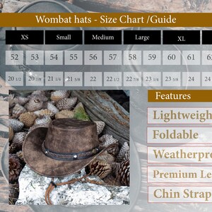 May include: A brown leather cowboy hat with a braided band and silver studs. The hat is on a wooden surface with pine cones. The size chart shows measurements in inches and centimeters. Features include lightweight, foldable, weatherproof, premium leather, and chin strap.