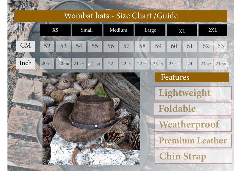 May include: A brown leather cowboy hat with a braided band and silver studs. The hat is on a wooden surface with pine cones. The size chart shows measurements in inches and centimeters. Features include lightweight, foldable, weatherproof, premium leather, and chin strap.