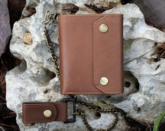 Handmade English Hide Leather Biker Wallet with Chain – RFID Protected Trifold