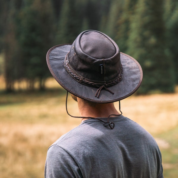 Wombat Distressed Foldable Leather Hat Cowboy Mens Womans Unisex Personalized Trekking Hiking Full Grain Leathers, Australian Bush Hat