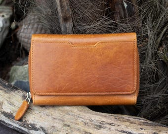Vintage leren portemonnee voor dames, gepersonaliseerde RFID-kaarthouder met muntvak met ritssluiting