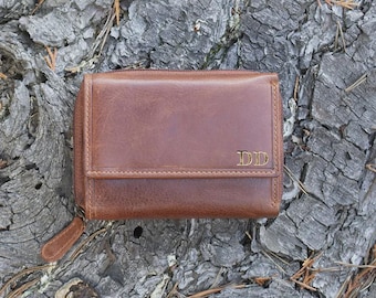 Cognac Brown Leather Purse for Women, RFID Wallet, Handmade Full Grain Leather Accessory