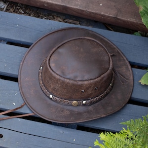 Rugged Australian Hat Brown Leather Bush Hats - Cowboy Foldable Distressed Cattleman Headwear by Wombat image 9