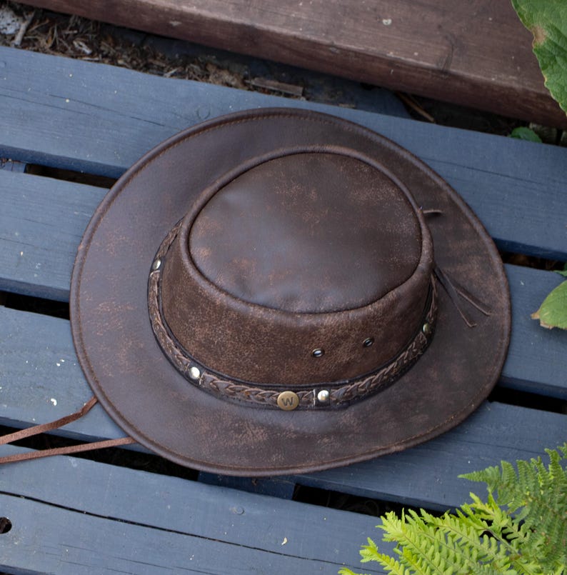 Rugged Australian Hat Brown Leather Bush Hats - Cowboy Foldable Distressed Cattleman Headwear by Wombat image 9