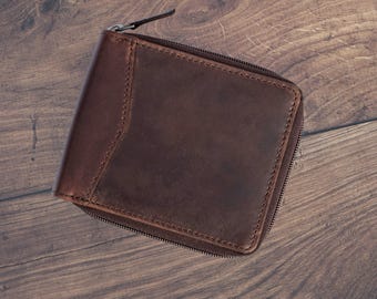 Men's Oiled Leather Zip Wallet | RFID Travel Wallet, Personalized Gift