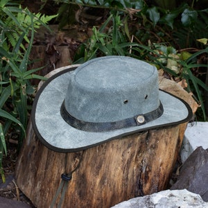 Cowboy Hat in Washed Denim,  Rancher Rugged Waxed Hats - Unisex Australian Outback Style Waterproof Travel Headwear for Adventurers