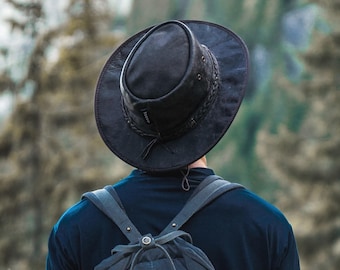 Leather Cowboy Hat Weatherproof Foldable Outback Hats - Australian Bush Style for Hiking & Outdoor Adventures by Wombat