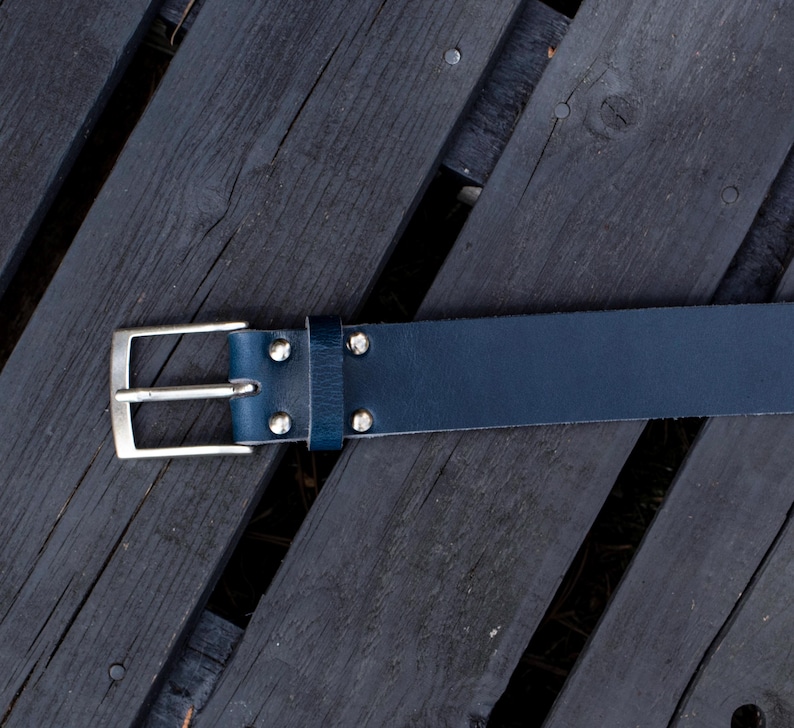 Handmade Men’s Leather Belt Blue – English Hide, Rugged, Made in Britain Width 40mm image 4