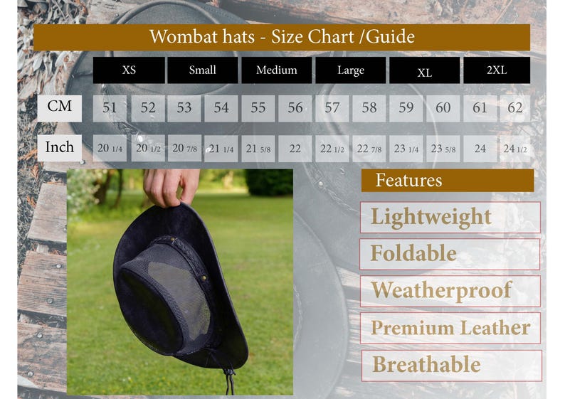 Leather Mesh Sides Cowboy Hat – Breathable Outback Hat, Distressed Foldable Bush Hat for Men & Women, Outdoor Sun Hat by Wombat Outdoor size guide