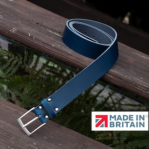 Handmade Men’s Leather Belt Blue – English Hide, Rugged, Made in Britain Width 40mm image 1