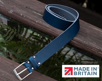 Handmade Men’s Leather Belt Blue  – English Hide, Rugged, Made in Britain Width 40mm