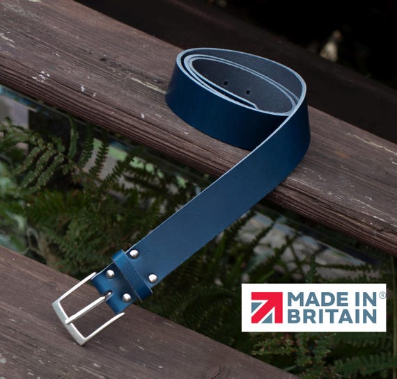 Handmade Men’s Leather Belt Blue  – English Hide, Rugged, Made in Britain Width 40mm