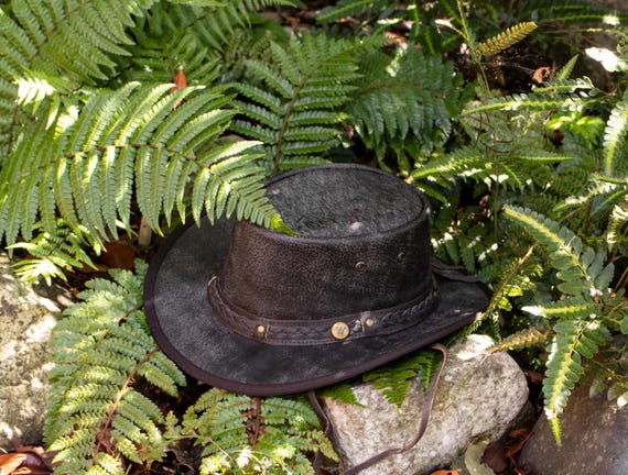 Leather Outback Hat, Weatherproof Foldable Cowboy Hat, Distressed Brown Wide Brim Hat, Crushable Hiking Adventure Hats