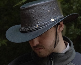 Luxury Black Leather Cowboy Hat – Ostrich Print, Wide Brim Western