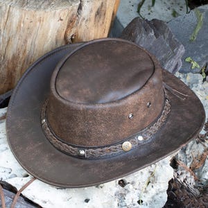 Rugged Australian Hat Brown Leather Bush Hats - Cowboy Foldable Distressed Cattleman Headwear by Wombat image 10