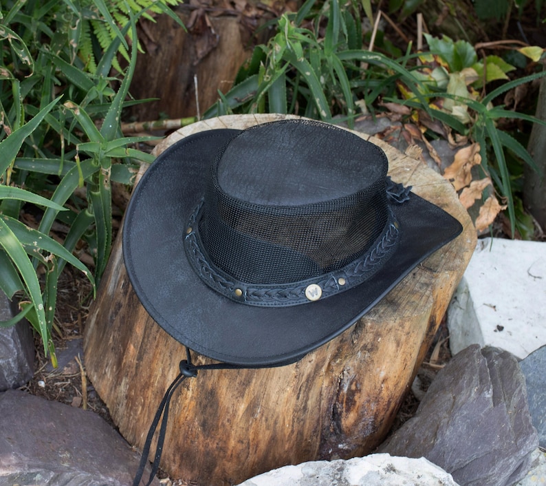Leather Mesh Sides Cowboy Hat – Breathable Outback Hat, Distressed Foldable Bush Hat for Men & Women, Outdoor Sun Hat by Wombat Outdoor