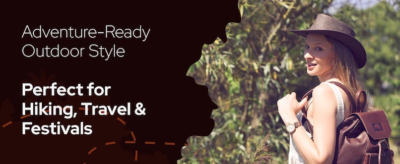 Puede incluir: Una mujer con sombrero y mochila marrones, con el texto "Adventure-Ready Outdoor Style" y "Perfect for Hiking, Travel & Festivals". La imagen est&aacute; tomada al aire libre con un fondo borroso de &aacute;rboles.
