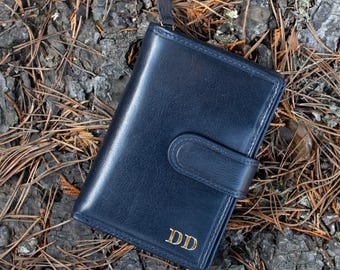 Women’s Navy Leather Wallet – Handmade RFID Blocking Purse | Personalized Gift  | Vintage