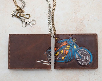Men's Biker Leather Wallet, Motor Bike Design Brown Personalized for Boyfriend, Husband, Dad,Birthday Fathers Day