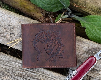 Men's Leather Wallet Bear Embossed Design in Brown Trifold Wallet with Coin Pocket and Picture Window - the Perfect Gift for Men