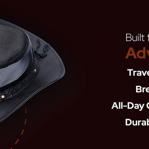 May include: A black cowboy hat with a mesh crown and a leather brim. The hat has a decorative band with gold-colored studs. The text reads "Built for Comfort, Ready for Adventure."