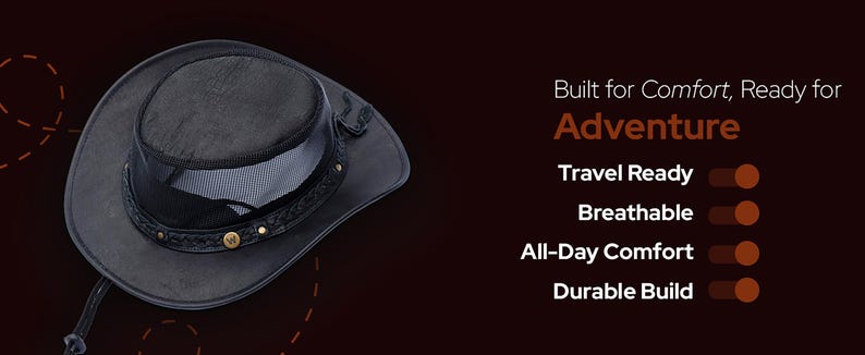 May include: A black cowboy hat with a mesh crown and a leather brim. The hat has a decorative band with gold-colored studs. The text reads "Built for Comfort, Ready for Adventure."
