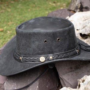 Men&#39;s Hat Foldable Waterproof Outdoor Headwear for Adventurers. Leather Bush Hat Full Grain Leathers by Wombat - Personalization Options.