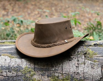 Crazy Horse Leather Outback Hat, Australian Bush Cowboy Style, Wide Brim Travel Trekking Camping