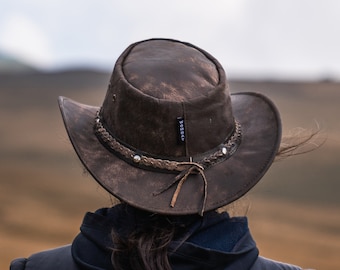 Chapeau en cuir pliable wombat The Wilds cuir pleine fleur, homme femme, chapeaux de cow-boy unixex personnalisés trekking chapeau de brousse australienne