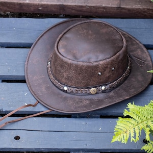 Rugged Australian Hat Brown Leather Bush Hats - Cowboy Foldable Distressed Cattleman Headwear by Wombat image 8