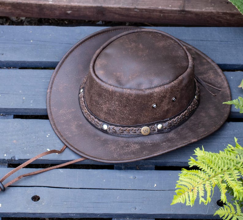 Rugged Australian Hat Brown Leather Bush Hats - Cowboy Foldable Distressed Cattleman Headwear by Wombat image 8