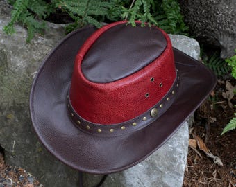 Wombat The Waratah Fullgrain Leather Brown & Red Cowboy Outback Hat