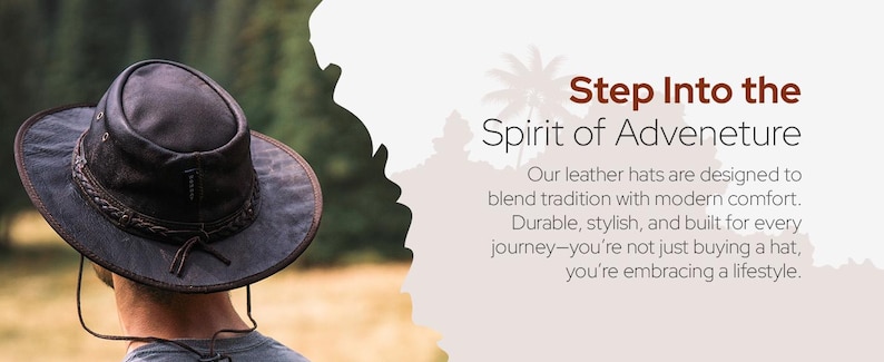 Puede incluir: Un sombrero de cuero marr&oacute;n oscuro con ala ancha y banda trenzada. El sombrero lo lleva una persona, con la parte posterior de la cabeza y los hombros visibles. Se muestra el texto "Step Into the Spirit of Adventure".