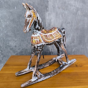 Wooden Rocking Horse Antique White Color, Wood Sculpture, Rocking Horse, Horse Decor, Horse Ornament, Miniature, Home Decor, Gifts, 11.8&quot;