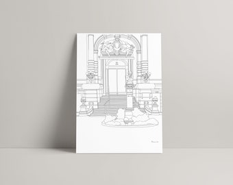 May include: A monochrome line drawing of a building facade featuring classical architectural details. The artwork shows a detailed front view of a building with columns, sculptures, and a central doorway. The image is printed on white paper.