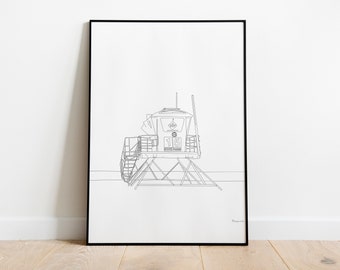 May include: Black framed art print featuring a minimalist line drawing of a lifeguard tower. The tower is depicted with detailed lines, including stairs, a roof, and the number 15 with the words "State Park" below. The artwork is set against a white background.
