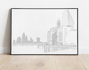 Oxo Tower London, Skyline, UK, Line Art Drawing, City Scene, Street View, Landmark, Home and Travel Decor