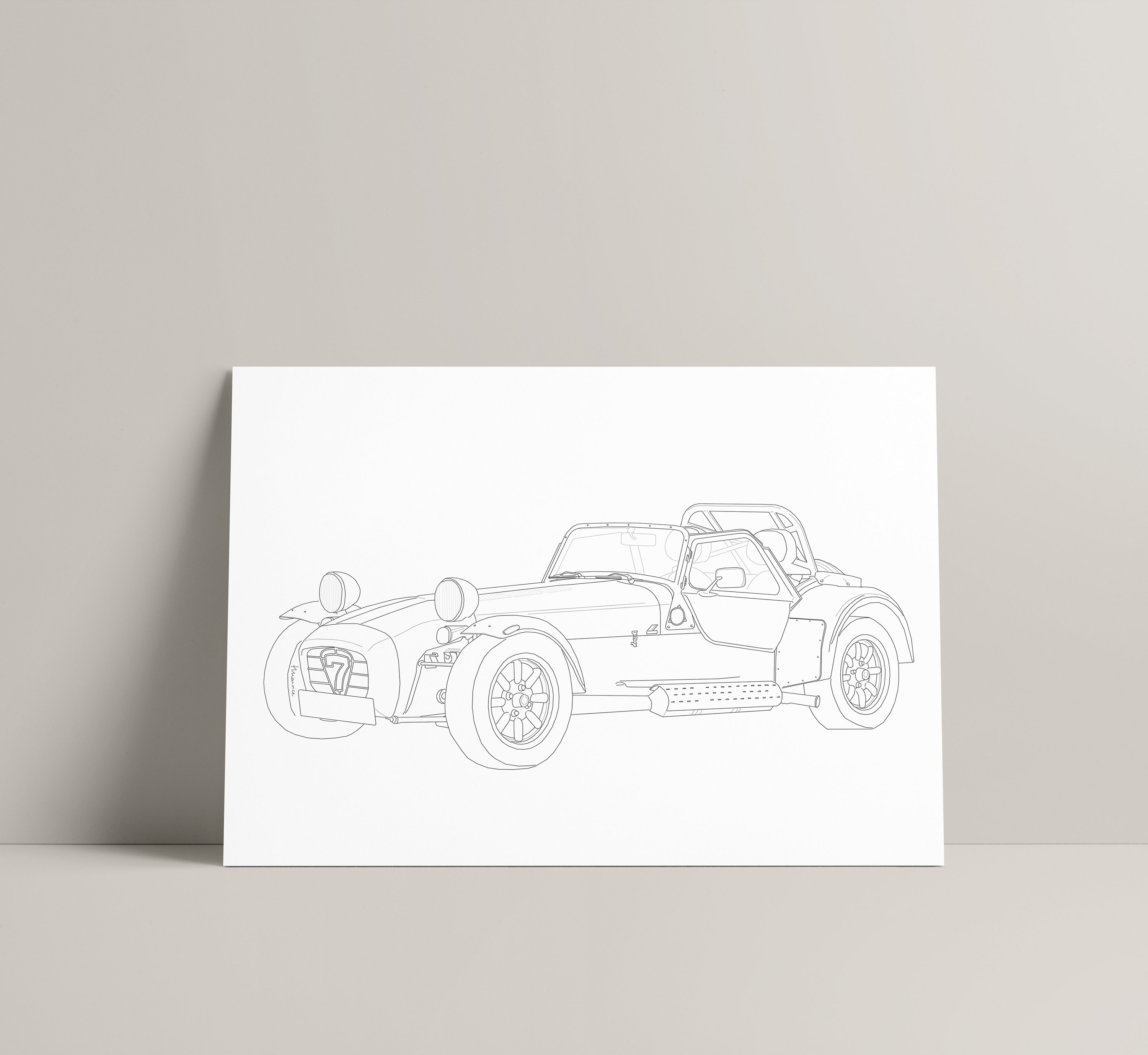 Caterham 7, Side View, Car, Line Art Drawing, Transport, Classic Car, Home and Travel Decor