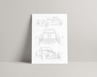 Caterham 7, Trio, Line Art Drawing, Transport, Classic Car, Home and Travel Decor