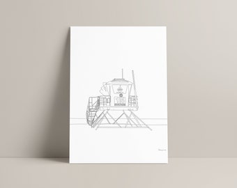 May include: A black and white line drawing of a lifeguard tower on a beach. The tower is elevated on a wooden structure with stairs and a small cabin. The number 15 and the words "State Park" are visible on the tower.
