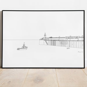 Porto de Folkestone, Reino Unido, desenho de arte linear, paisagem costeira, ponto de referência, decoração para casa e viagem