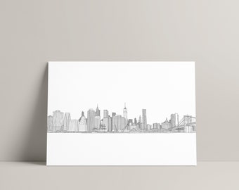 Puede incluir: Un dibujo en blanco y negro de la línea del horizonte de la ciudad de Nueva York, que presenta el Empire State Building, el Chrysler Building y el puente de Brooklyn.