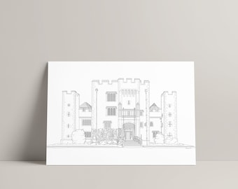 May include: A monochrome line drawing of a castle, featuring multiple turrets and a bridge leading to the main entrance. The artwork is presented on a white rectangular canvas, set against a neutral grey backdrop. The castle's architecture is highly detailed.