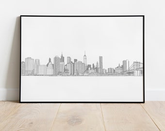Puede incluir: Un dibujo en blanco y negro de la línea del horizonte de la ciudad de Nueva York, incluido el puente de Brooklyn, en un marco negro.