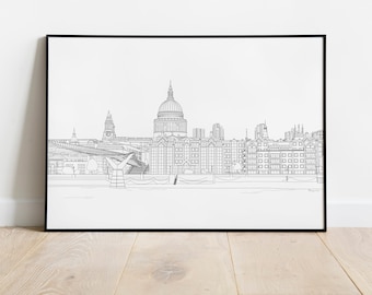 St Pauls Cathedral View 2, London Skyline, UK, Line Art Drawing, City Scene, Street View, Landmark, Home and Travel Decor