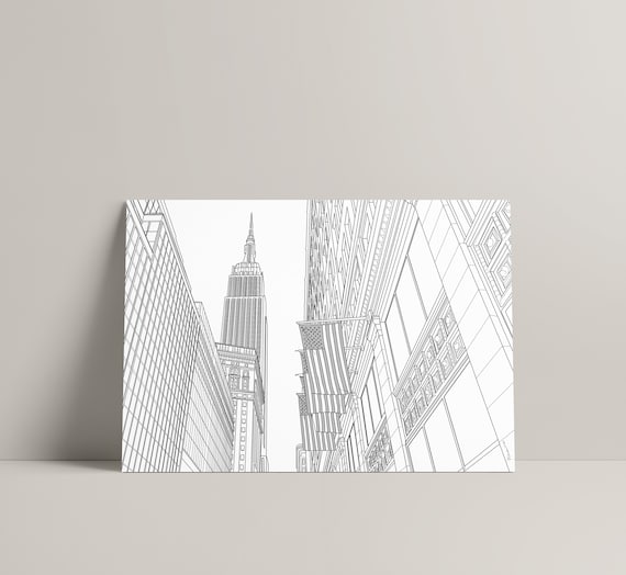 New York, Empire State Building, Line Art, Line Drawing, Digital Download,  Travel Decor, Print at Home, Architecture, City Scene 