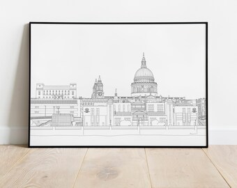 St Pauls Cathedral View 1, Skyline, UK, Line Art Drawing, City Scene, Street View, Landmark, Home and Travel Decor