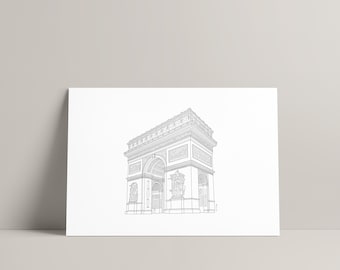May include: A monochrome line drawing of the Arc de Triomphe, Paris, France, on a white rectangular print. The artwork shows the famous monument with detailed architectural features, set against a neutral background.