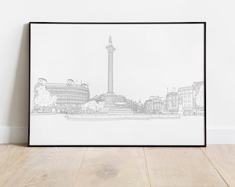 Trafalgar Square, London, Line Art Drawing, Landmark, Home and Travel Decor