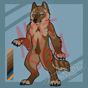 May include: A digital illustration of an anthropomorphic wolf character standing on two legs. The wolf has brown fur, blue eyes, and dark claws. A color palette strip is on the left, and the text NOT SOLD is overlaid in red across the center.